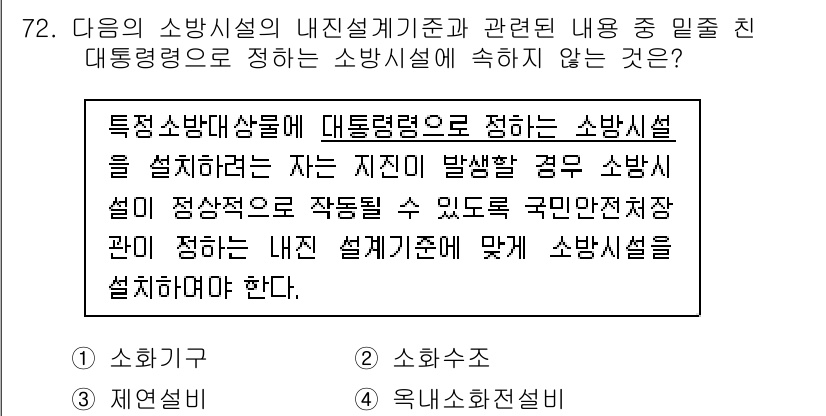 건축설비산업기사 2015년 72번 - 소화설비는 건축물 내에서 화재 발생 시 화재를 진압하고 인명 피해를 최소... 에 관한 핵심 기출문제