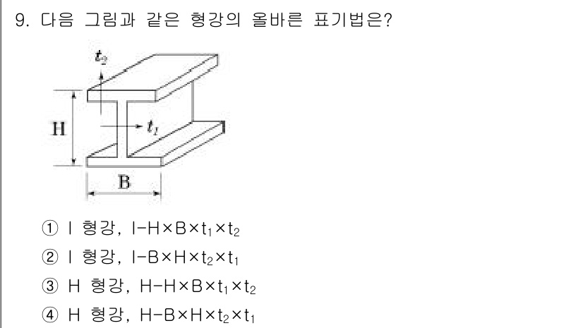 건축설비산업기사 2015년 9번 - H형강의 단면적은 H-H×B×t₁×t₂로 표현되며, 여기서 H는 높이, ... 에 관한 핵심 기출문제