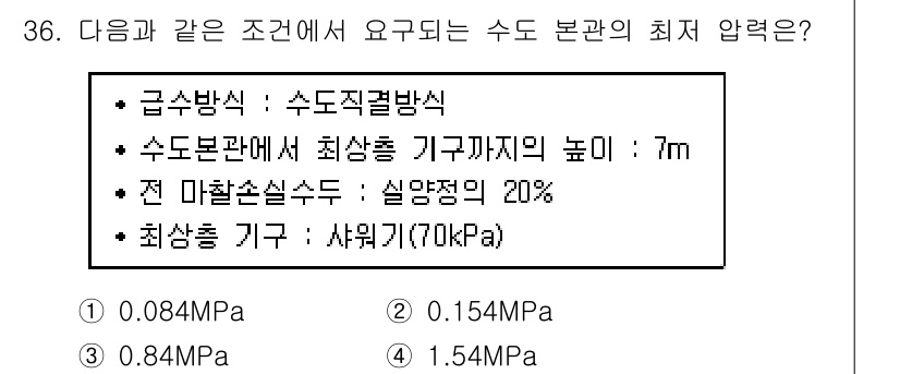 건축설비산업기사 2016년 36번 - 주어진 조건에서 수두와 압력을 계산할 때, 수두 적산 방식에 따라 수두를... 에 관한 핵심 기출문제