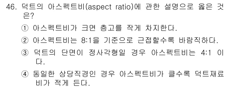 건축설비산업기사 2017년 46번 - 동일한 상단직경인 경우 아스펙트비가 클수록 덕트재료의 두께가 적게 듭니다... 에 관한 핵심 기출문제