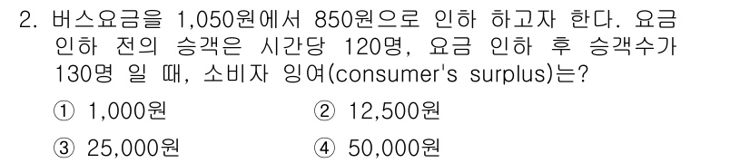 교통기사 2017년 2번 - 소비자 잉여는 소비자가 지불할 의사가 있는 금액과 실제 지불한 금액의 차... 에 관한 핵심 기출문제