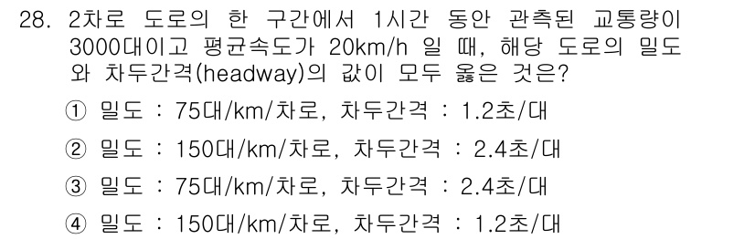 교통기사 2017년 28번 - 주어진 조건에서 2차로 도로의 교통량과 평균속도를 고려하여 차두간의 값을... 에 관한 핵심 기출문제