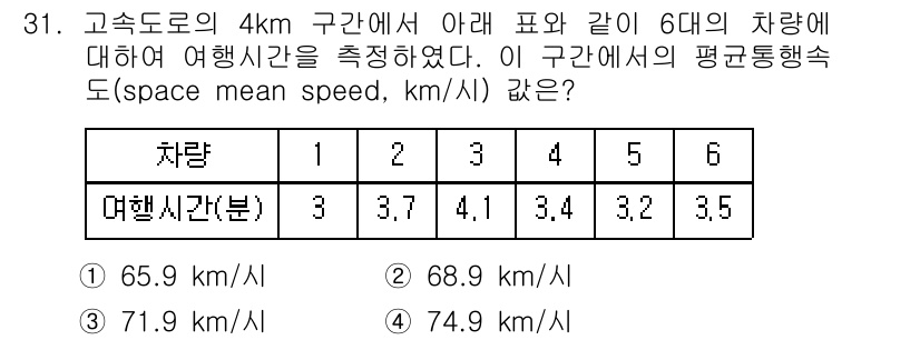 교통기사 2017년 31번 - 평균통속은 총 이동 거리(4km)를 총 여행 시간으로 나누어 계산합니다.... 에 관한 핵심 기출문제