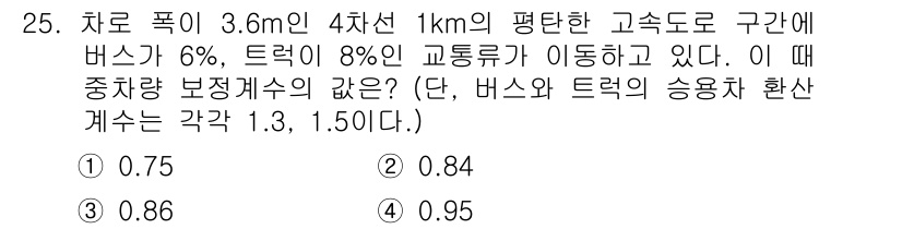 교통기사 2018년 25번 - 주어진 도로에서 버스와 트럭의 비율을 고려해 중장비 보정계수를 계산해야 ... 에 관한 핵심 기출문제