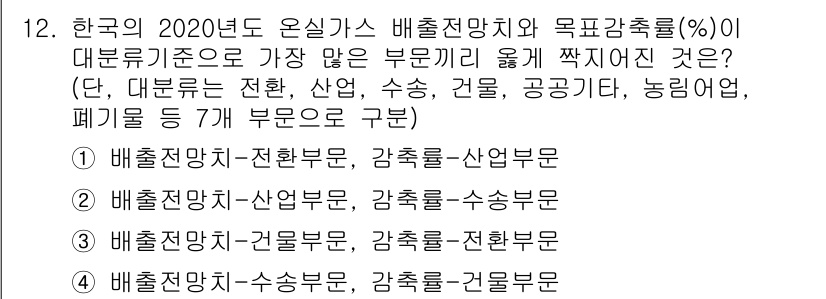 온실가스관리기사 2015년 11번 - 2020년도 온실가스 배출량에 따르면, 산업부문에서의 배출량이 가장 크고... 에 관한 핵심 기출문제