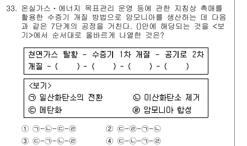 온실가스관리기사 2016년 33번 - 정답은 "4. 암모니아 합성"입니다. 온실가스 관리에서 암모니아는 주요 ... 에 관한 핵심 기출문제