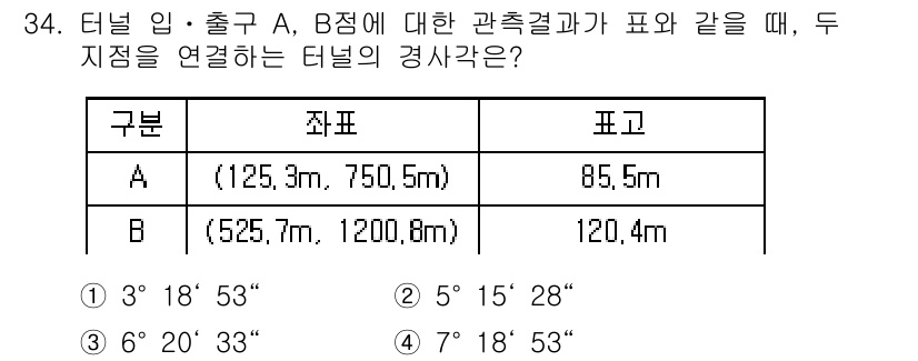 측량및지형공간정보기사 2018년 34번 - 주어진 두 점 A와 B의 좌표를 바탕으로 경사각을 계산할 수 있습니다. ... 에 관한 핵심 기출문제