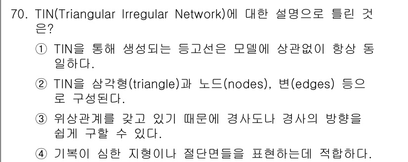측량및지형공간정보기사 2018년 70번 - TIN(Triangular Irregular Network)은 비정형적이... 에 관한 핵심 기출문제