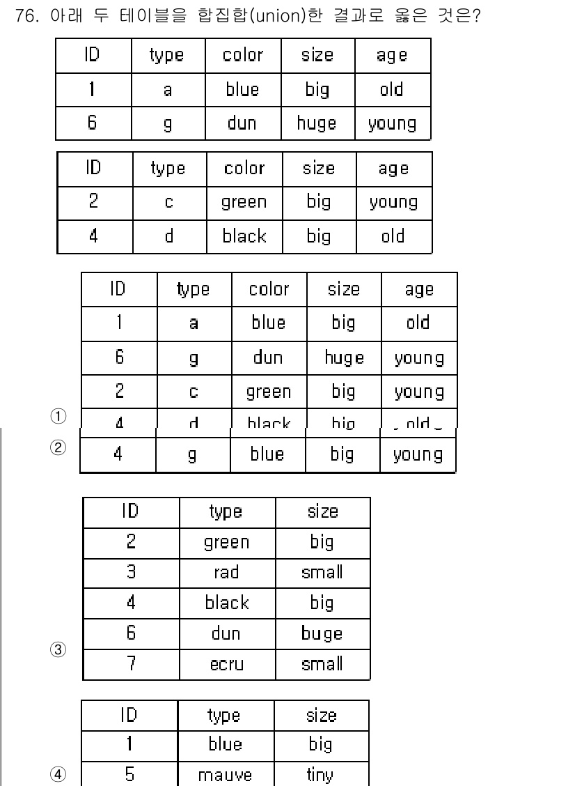 측량및지형공간정보기사 2018년 76번 - 두 테이블을 합집합할 때, ID와 type, size, age에 대한 모... 에 관한 핵심 기출문제