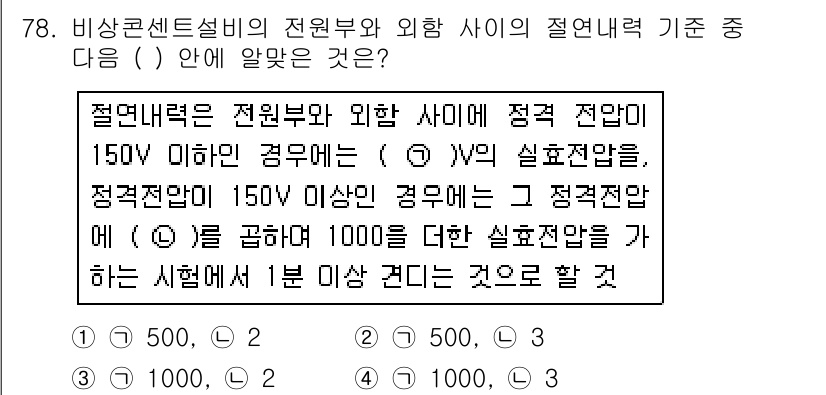소방설비기사(전기분야) 2018년 79번 - 정답 4번이 올바른 이유는, 전원부와 외한 사이의 절연저항 기준이 150... 에 관한 핵심 기출문제