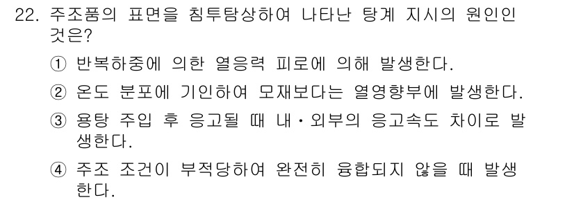 침투비파괴검사산업기사(구) 2016년 22번 - 주조품의 표면은 주물 제작 과정에서 발생하는 비행적 결함, 특히 온도 분... 에 관한 핵심 기출문제