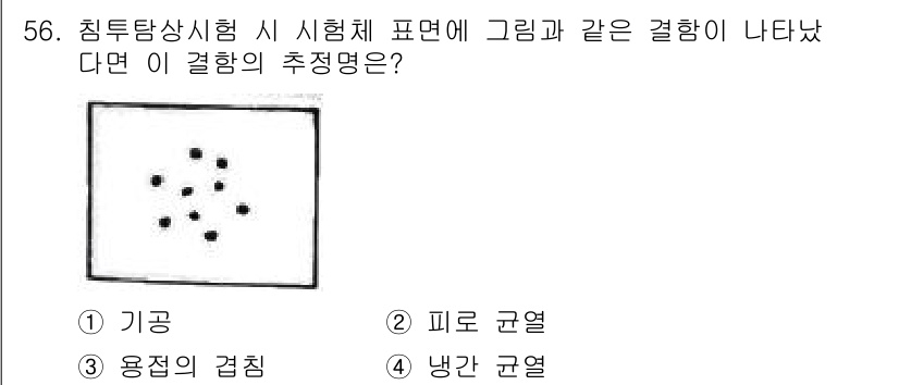 침투비파괴검사산업기사 2018년 56번 - . 피로 균열

해설: 그림에서 나타나는 점은 재료 내부의 결함을 표시하... 에 관한 핵심 기출문제