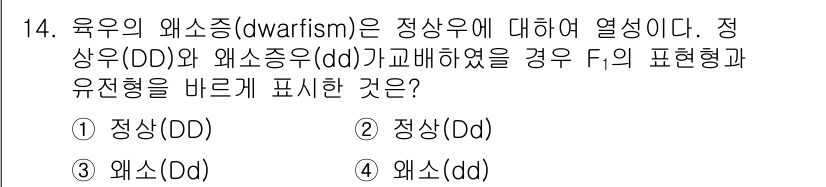 축산산업기사 2016년 14번 - . 

정상우(Dd)는 유전자 2개가 결합된 경우로, 위소증(ddd)과 ... 에 관한 핵심 기출문제