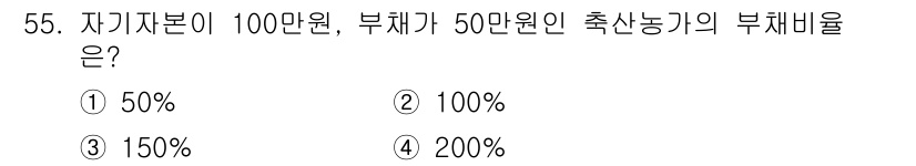 축산산업기사 2016년 55번 - 부채비율은 기업의 부채가 자기자본에 대해 얼마나 되는지를 나타내는 비율입... 에 관한 핵심 기출문제
