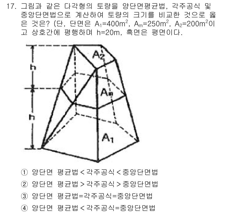 측량및지형공간정보산업기사 2018년 17번 - 주어진 도형의 경우, 양단면 평균법을 적용하여 평균면적을 구한다. 각 단... 에 관한 핵심 기출문제