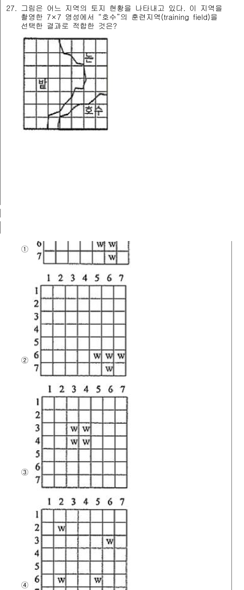 측량및지형공간정보산업기사 2018년 27번 - 문제에서 주어진 지역의 특성을 기반으로 하는 '훈련 지역(training... 에 관한 핵심 기출문제