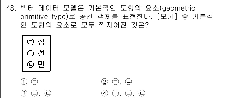 측량및지형공간정보산업기사 2018년 48번 - . 

기본적인 도형의 요소는 점, 선, 면으로 이루어져 있으며, 이들은... 에 관한 핵심 기출문제