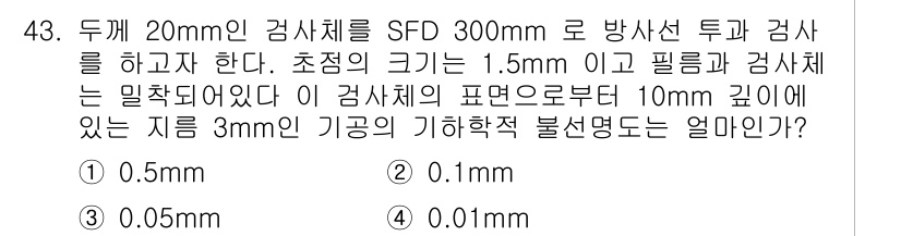 방사선비파괴검사기사(구) 2015년 43번 - 이 문제는 방사선 비파괴 검사에서의 SFD와 감쇠에 관련된 것입니다. 초... 에 관한 핵심 기출문제