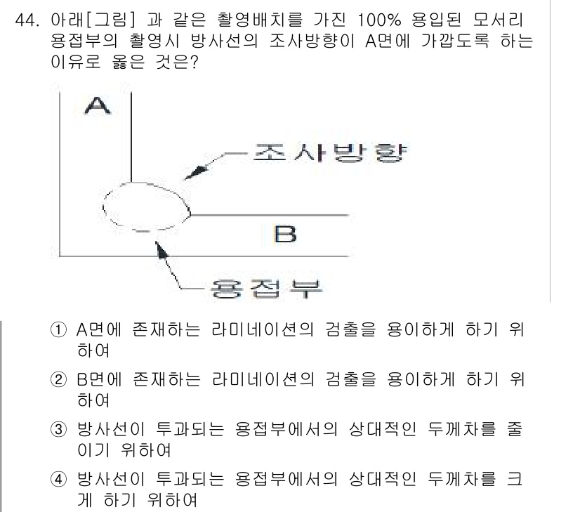 방사선비파괴검사기사(구) 2015년 44번 - A의 경우, 방사선의 조사 방향이 모종의 용접부를 정확히 검사할 수 있도... 에 관한 핵심 기출문제