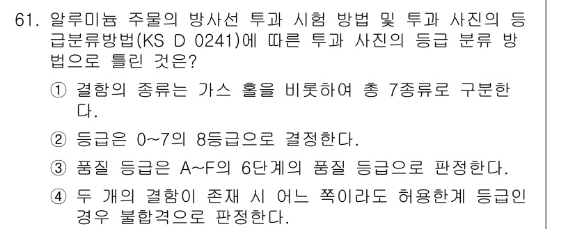 방사선비파괴검사기사(구) 2016년 61번 - 방사선투과검사에서 A~F 등급으로 품질을 평가하며, 등급은 0~7로 구분... 에 관한 핵심 기출문제