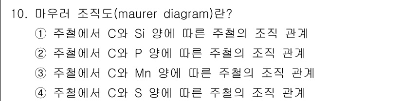 방사선비파괴검사기사 2016년 10번 - 마우러 조직도는 주철 내에서 C와 P의 함량에 따른 주철의 조직 변화를 ... 에 관한 핵심 기출문제