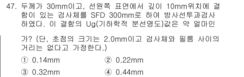 방사선비파괴검사기사 2018년 47번 - . 

주어진 조건에서 SFD(선원-검사체 거리)와 우드(Ug) 값을 이... 에 관한 핵심 기출문제