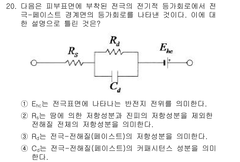 의공기사 2015년 20번 - 이 회로에서 \( R_s \)는 피부표면에서 나타나는 반전 저항을 나타내... 에 관한 핵심 기출문제