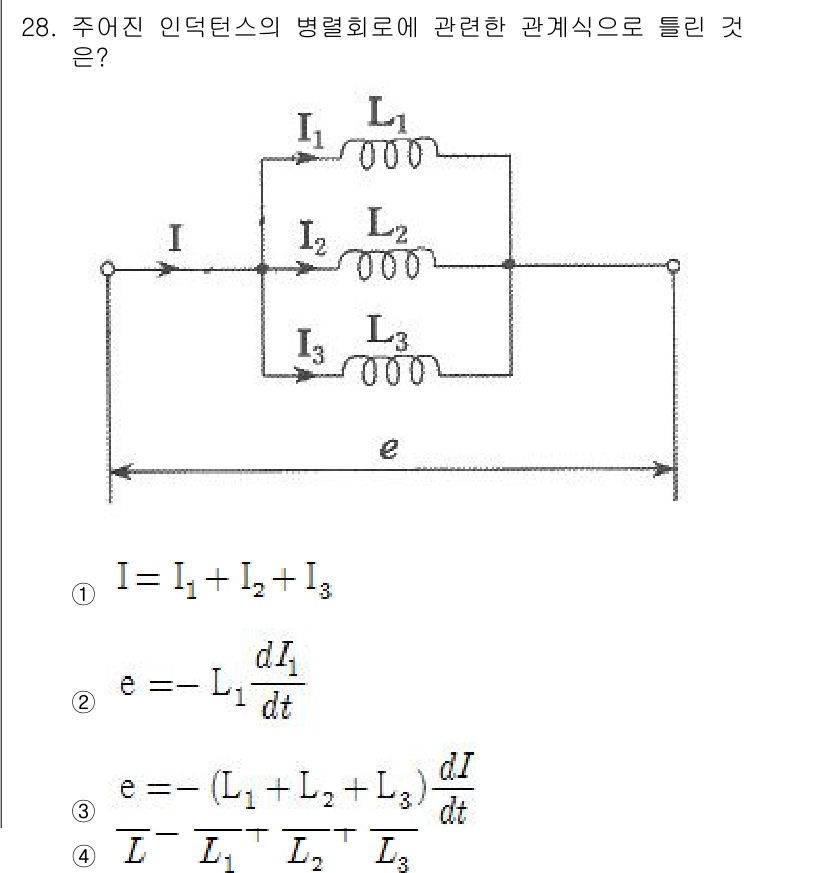 의공기사 2016년 29번 - 주어진 회로에서 인덕턴스의 병렬 관계를 고려하면, 전체 전류 \( I \... 에 관한 핵심 기출문제