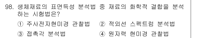 의공기사 2017년 98번 - . 적외선 스펙트럼 분석법

핵심 해설: 적외선 스펙트럼 분석법은 생체재... 에 관한 핵심 기출문제