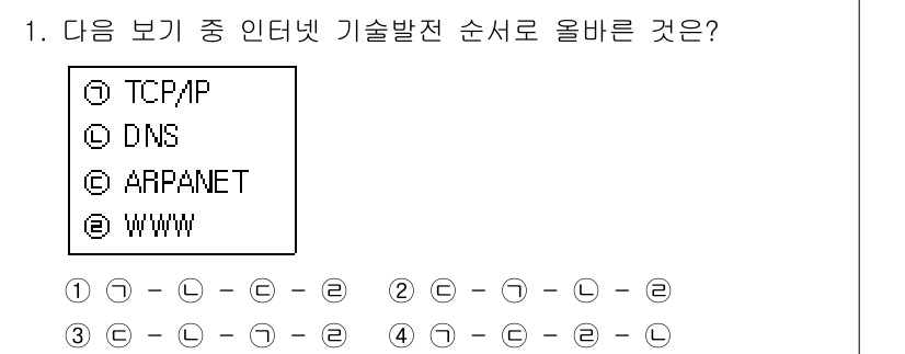 인터넷정보관리사_2급 2018년 1번 - 정답은 3입니다. 인터넷 기술 발전 순서는 ARPANET, TCP/IP,... 에 관한 핵심 기출문제