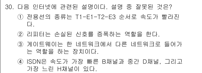인터넷정보관리사_2급 2018년 30번 - ISDN은 데이터 전송 속도가 비교적 느리며, 주로 음성 통신에 활용됩니... 에 관한 핵심 기출문제