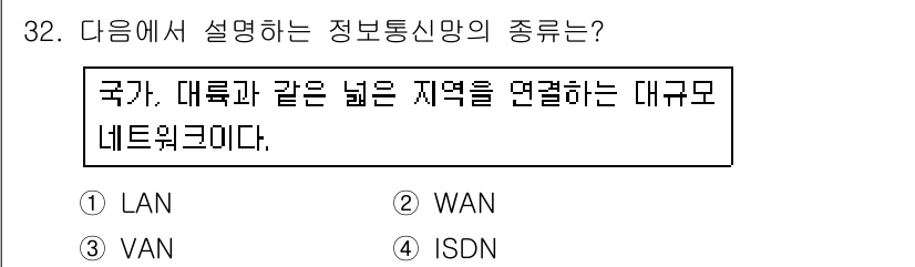 인터넷정보관리사_2급 2018년 32번 - 정답은 2번 WAN이다. WAN(광역 네트워크)은 국가나 대륙과 같이 넓... 에 관한 핵심 기출문제