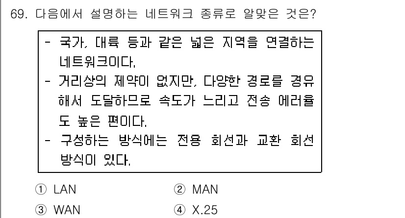 리눅스마스터_2급 2018년 69번 - 정답은 3번 WAN입니다. WAN은 국가 및 대륙과 같은 넓은 지역을 연... 에 관한 핵심 기출문제