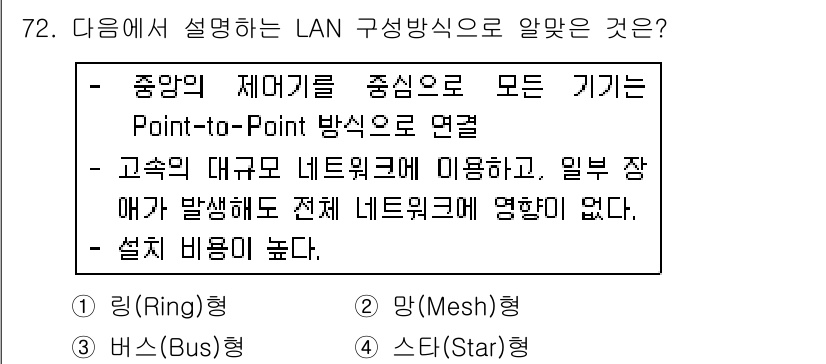 리눅스마스터_2급 2018년 72번 - Star형 LAN 구성에서는 중앙 허브나 스위치에 모든 기기가 연결되어 ... 에 관한 핵심 기출문제