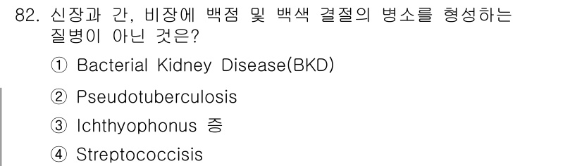 수산양식기사 2017년 84번 - 정답은 4번 Streptococcosis입니다. Streptococcos... 에 관한 핵심 기출문제