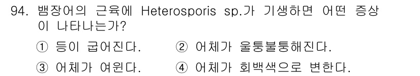 수산양식기사 2018년 94번 - Heterosporis sp.에 감염되면 어체에 백색병이 발생하며, 이는... 에 관한 핵심 기출문제
