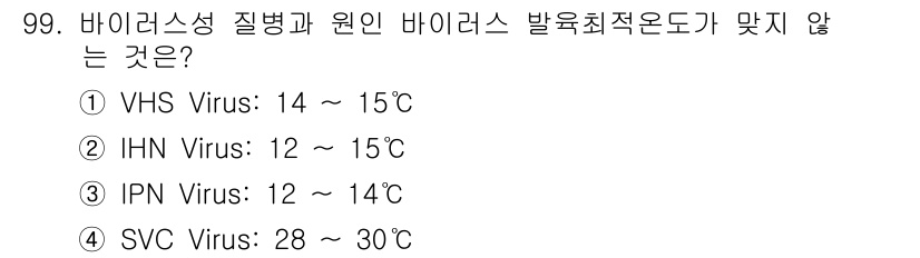 수산양식기사 2018년 99번 - SVC Virus의 최적 온도 범위는 28~30°C로, 다른 바이러스들과... 에 관한 핵심 기출문제