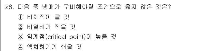 에너지관리기사 2018년 28번 - 비열비가 작을 경우, 물체가 적은 열량으로도 온도를 크게 변화시킬 수 있... 에 관한 핵심 기출문제