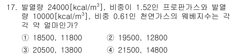 가스기능장 2015년 17번 - 프로판가스와 천연가스의 발열량과 비중을 활용해 혼합가스의 발열량과 비중을... 에 관한 핵심 기출문제