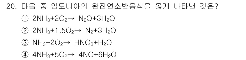 가스기능장 2015년 20번 - 정답 4번이 올바른 이유는 반응식에서 암모니아(NH₃)의 완전 연소 반응... 에 관한 핵심 기출문제