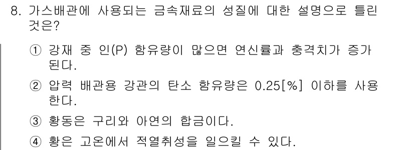 가스기능장 2015년 8번 - 정답 3번은 황의 고온에서 적열취성이 일어날 수 있다는 내용으로, 고온에... 에 관한 핵심 기출문제
