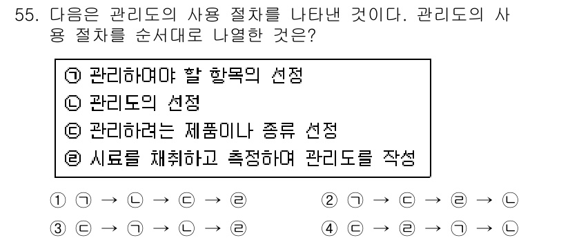 가스기능장 2016년 55번 - 관리도를 작성하기 위해서는 먼저 관리할 항목을 선택하고, 다음으로 관리할... 에 관한 핵심 기출문제