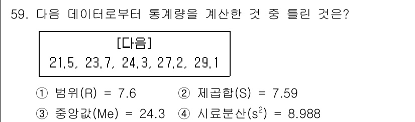 가스기능장 2017년 59번 - 주어진 데이터의 평균을 계산하면 24.3이 됩니다. 이는 중앙값(Me)과... 에 관한 핵심 기출문제