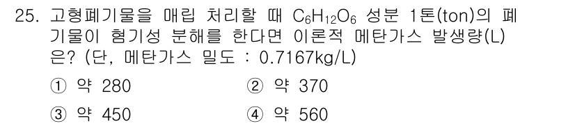 폐기물처리기사 2018년 25번 - 고형 폐기물의 화학식을 C₆H₁₂O₆로 설정할 때, 분해 과정을 통해 생... 에 관한 핵심 기출문제