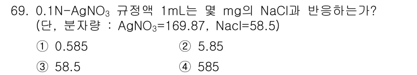 폐기물처리기사 2018년 69번 - 0.1N-AgNO₃ 용액에서 1 mL의 AgNO₃는 0.1 mmol에 해... 에 관한 핵심 기출문제