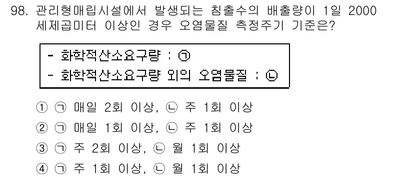 폐기물처리기사 2018년 99번 - 관리형폐기물시설에서 발생하는 침출수의 배출량이 1일 2000세제곱미터 이... 에 관한 핵심 기출문제