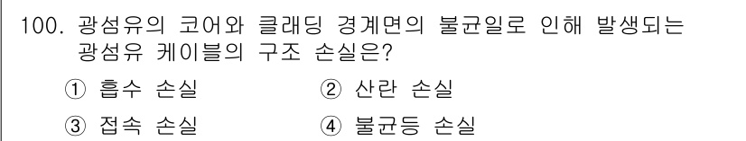 정보처리산업기사 2018년 100번 - 정답은 3. 접속 손실입니다. 광섬유에서 발생하는 손실은 주로 코어와 클... 에 관한 핵심 기출문제