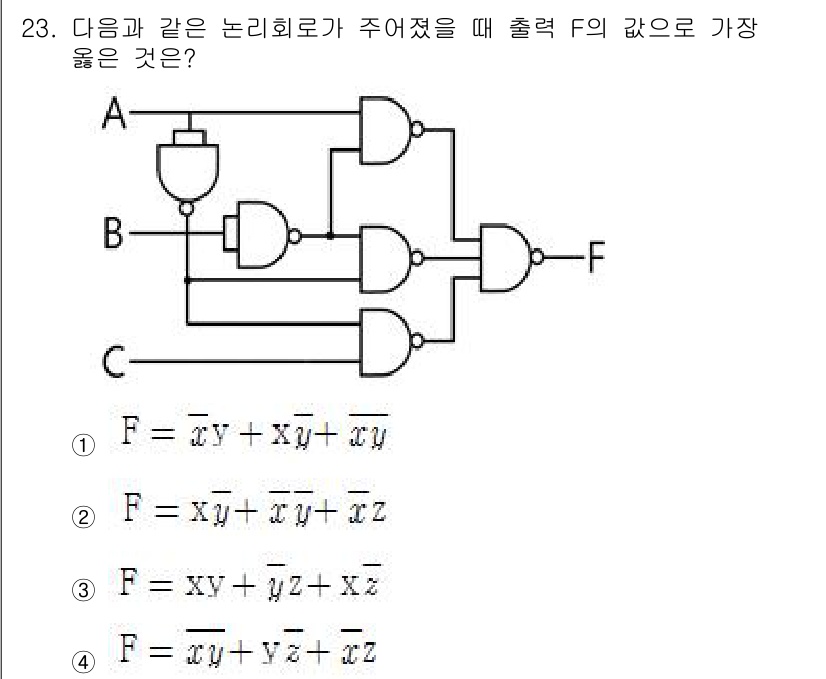 정보처리산업기사 2018년 23번 - 주어진 논리회로에서 A, B, C의 입력값을 통해 F의 값을 계산해야 합... 에 관한 핵심 기출문제