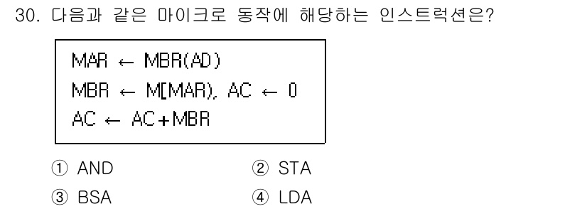 정보처리산업기사 2018년 30번 - 주어진 동작은 메모리 주소 레지스터(MAR)와 메모리 버퍼 레지스터(MB... 에 관한 핵심 기출문제