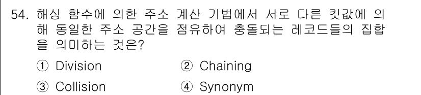 정보처리산업기사 2018년 54번 - . **Synonym**

해싱 함수에서 주소 계산 기법은 해시 테이블 ... 에 관한 핵심 기출문제